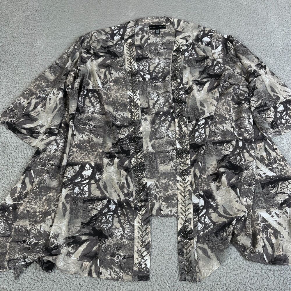 SUSAN GRAVER  Cardigan Sweater Women 1X Gray Open Front Plus Size Beaded Trees